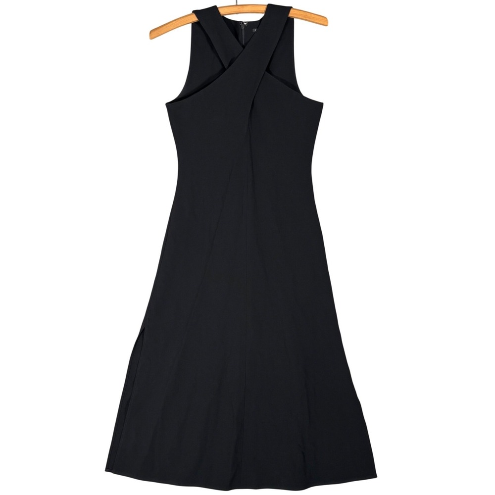 Theory Black Cross Front Halter Keyhole Midi Dress Size 0 Sleeveless Minimalist